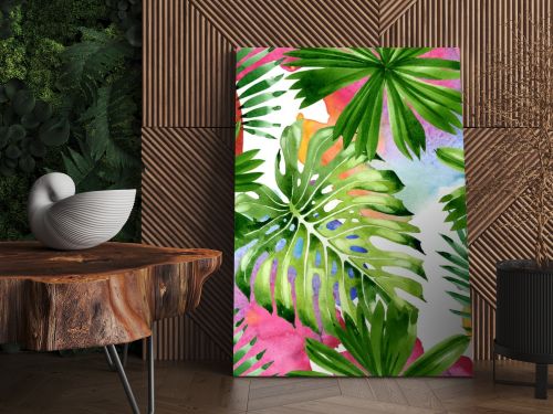 Palm beach tree leaves jungle botanical. Watercolor background illustration set. Seamless background pattern.