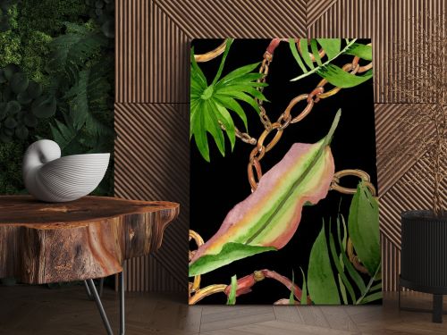 Palm beach tree leaves jungle botanical. Watercolor background illustration set. Seamless background pattern.