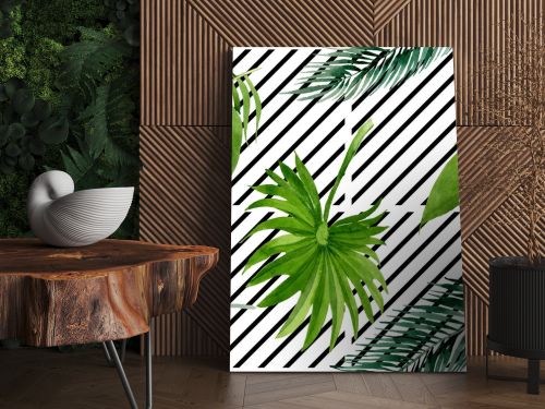 Palm beach tree leaves jungle botanical. Watercolor background illustration set. Seamless background pattern.