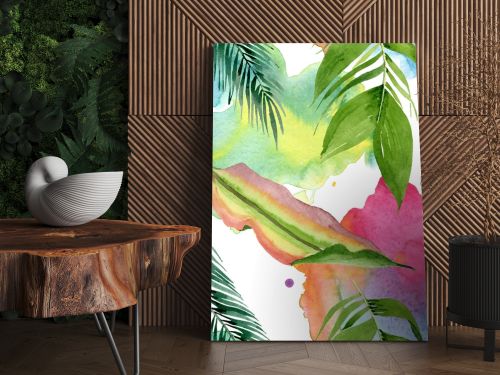 Palm beach tree leaves jungle botanical. Watercolor background illustration set. Seamless background pattern.