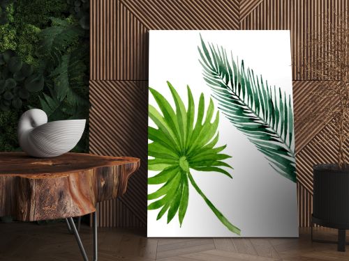 Palm beach tree leaves jungle botanical. Watercolor background illustration set. Isolated leaves illustration element.