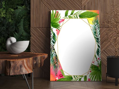 Palm beach tree leaves jungle botanical. Watercolor background illustration set. Frame border ornament square.