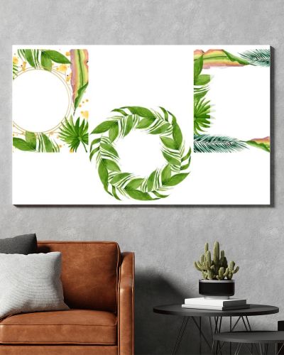 Palm beach tree leaves jungle botanical. Watercolor background illustration set. Frame border ornament square.