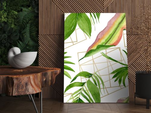 Palm beach tree leaves jungle botanical. Watercolor background illustration set. Seamless background pattern.