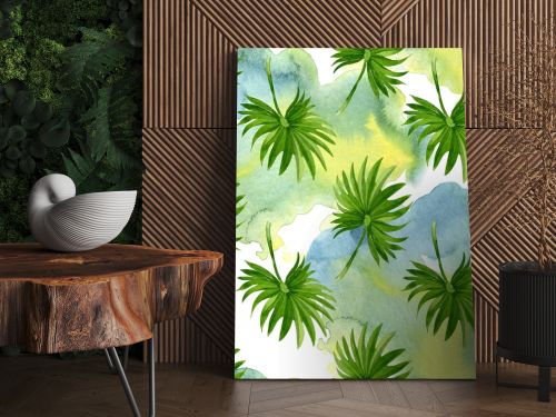 Palm beach tree leaves jungle botanical. Watercolor background illustration set. Seamless background pattern.