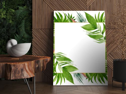 Palm beach tree leaves jungle botanical. Watercolor background illustration set. Frame border ornament square.