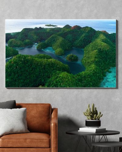 Aerial view of Sugba lagoon. Beautiful landscape with blue sea lagoon, National Park, Siargao Island, Philippines.