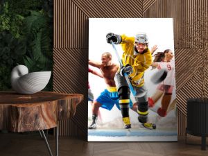 Multi sport kolaż piłka nożna boks piłka nożna siatkówka hokej na lodzie działa na białym tle