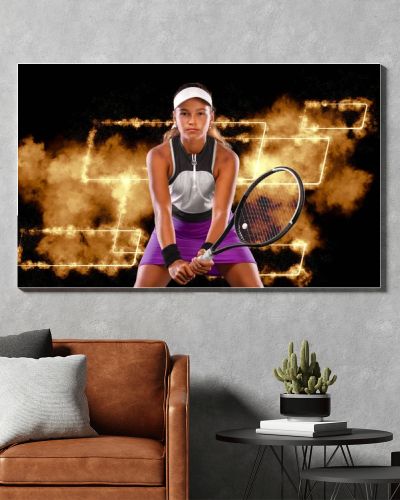 Tennis player. Beautiful girl teenager and athlete with racket in pink sporswear and hat on tennis court. Fashion and sport concepts