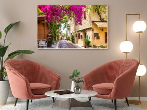 Beautiful view to the little streets of the old town Plaka of Athens, Greece with colorful houses and blooming bougainvillea flowers