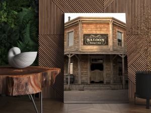Renderowanie 3D przedstawiające pustą ulicę w starym miasteczku na dzikim zachodzie z drewnianymi budynkami