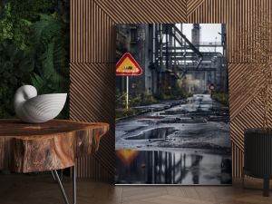 An old abandoned industrial area. Factory buildings or factories. Puddles and road signs. : Generative AI