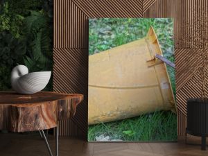 one large brown old plastic bucket dry closet stands in the green grass on the street