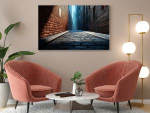  Cityscape with tall brick wall and shadowed street: A city street partially shaded by a tall brick wall,