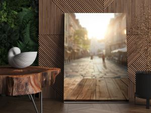 Wooden Tabletop with Blurry Background of a Sunny City Street