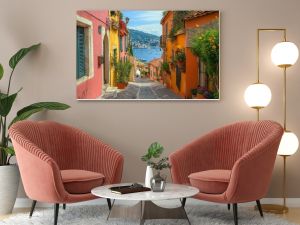 France, French Riviera, Villefranche old city streets in historic city center near sea promenade, Generative AI