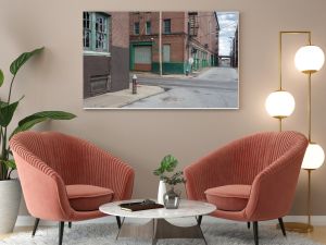 Vintage street scene with abandoned red brick warehouses in a depressed industrial area