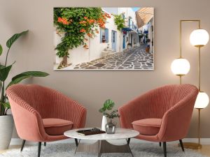 View of a typical narrow street in old town of Parikia, Paros island, Greece