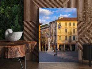 Bassano del grappa Italy. Square freedom. Landscape old town with italian architecture and street lamp. Sunrise at deserted street.