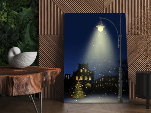 night with a Christmas tree and a lamp, falling snow