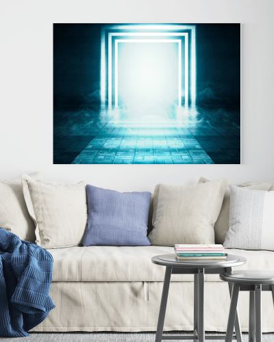 The background of an empty room with brick walls and concrete floor tiles. Blue neon light, spotlight, laser figures, smoke
