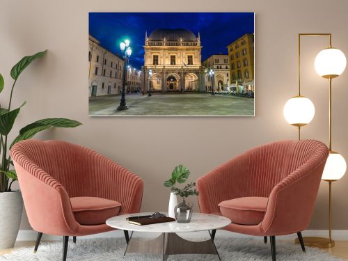 Palazzo della Loggia palace Town Hall Renaissance style building and street lights in Piazza della Loggia Square
