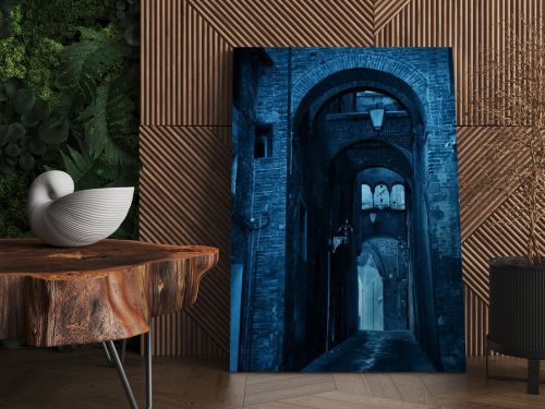 Street view with old buildings and archway in Siena, Italy.