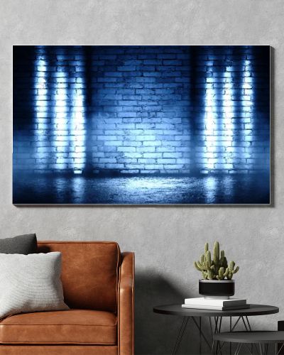 Background of empty brick wall, concrete floor, neon light, searchlight rays, smoke, smog