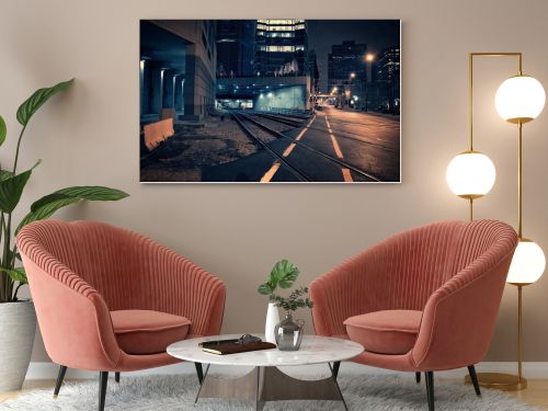 Dark urban downtown city train tunnel at night