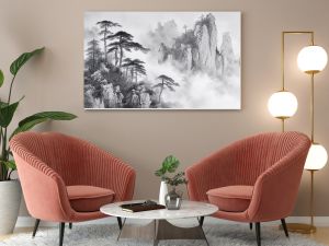 Black and white Chinese style ink style landscape painting, hand-painted national style artistic conception ink style landscape painting illustration