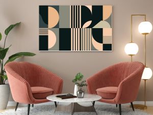 Modern vector abstract geometric background with circles, rectangles, squares and stripes in retro Bauhaus style