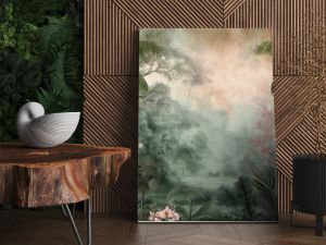 Vintage wallpaper of an exotic forest with toucans, blooming orchids and hidden streams in pastel tones. mural art style. 