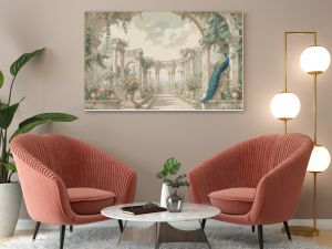 Classical Roman ruins with garden, peacock, bird, botanical tree and flower art prints wallpaper mural for living room decoration