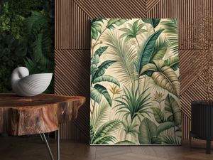 Vintage tropical jungle pattern for seamless wallpaper fabric texture tapestry background in green beige muted colors