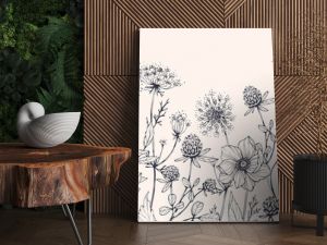 Luxury botanical background with trendy wildflowers and minimalist flowers for wall decoration or wedding. Hand drawn line herb, elegant leaves for invitation save the date card. Botanical rustic