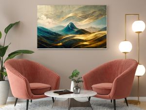 Minimalistic mountain landscape with watercolor brush in Japanese traditional style. Wallpaper with abstract art for prints or covers. 3d artwork