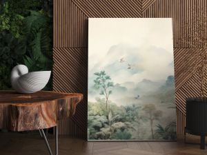 Watercolor pattern wallpaper. Painting of a jungle landscape with birds.