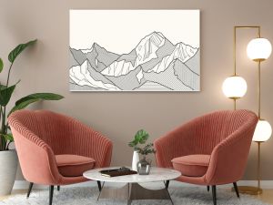 Black and white mountain line arts wallpaper, luxury landscape background design for cover, invitation background, packaging design, fabric, and print. Vector illustration.