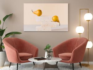 Golden yellow pears balancing on travertine marble blocks structure against gray and beige background. Creative gold summer fruit arrangement. Minimal retro styled surreal food art concept.