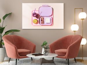 The concept of healthy school meals. Food composition with lunch box with yogurt, cereal bar, apple and oatmeal berries cocktail on a pink background with window light. Flat lay, horizontal banner