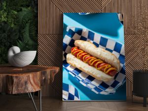 High angle close-up of hot dogs in containers arranged on blue background