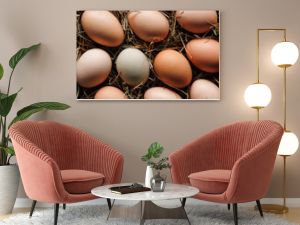 Chicken eggs from an organic farm, top view. Easter background 