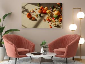 Still life of tropical fruits included citruses, avocados and dragonfruit in window light