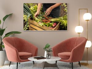 Vegetable farmer arranging freshly picked produce into a crate