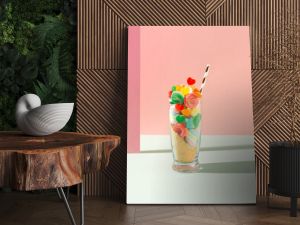 Minimal concept glass full of gummy candies, marshmallows, ground biscuits and straw. Party idea candy shake on pink and pastel green background.