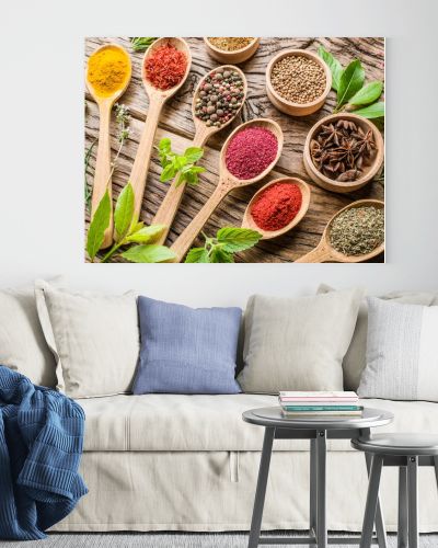 Assortment of colorful spices in the wooden spoons.