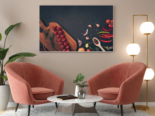 top view of vegetables and spices on gray table