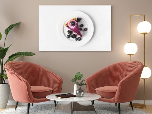 top view of blueberry cake with fresh berries on plate isolated on white