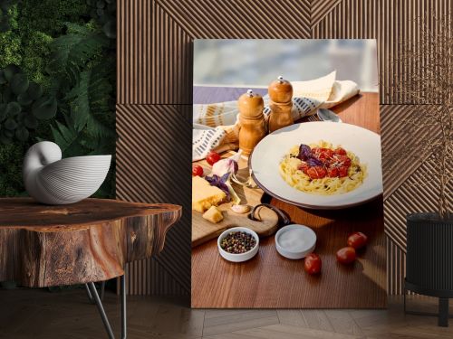 delicious pasta with tomatoes served on wooden table with napkin, seasoning and ingredients in sunlight