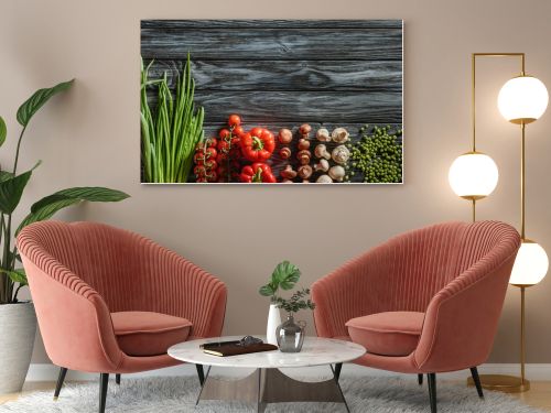 top view of various raw vegetables on wooden tabletop